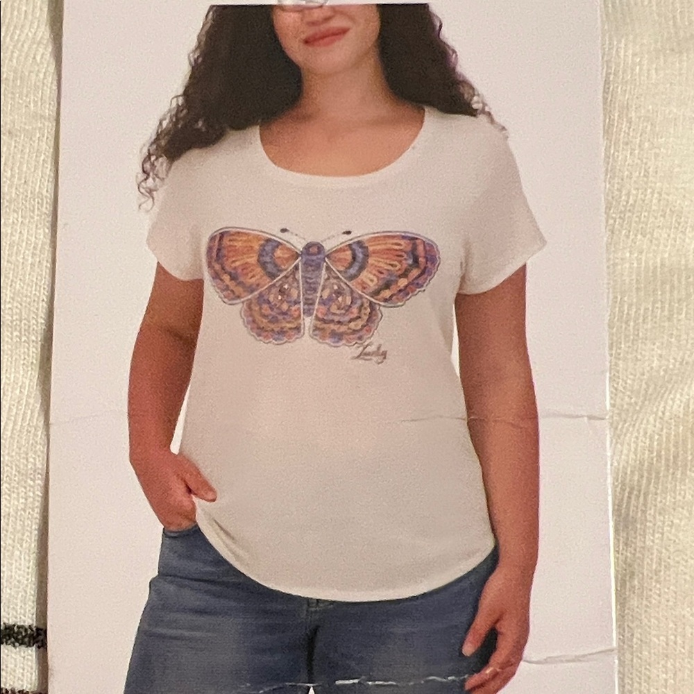 NWT Lucky Brand Women's Butterfly Graphic T-Shirt,‎ Marshmallow